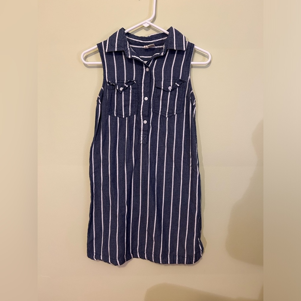 Japna Sleeveless Cotton Striped Chambray Mini Shirt Dress